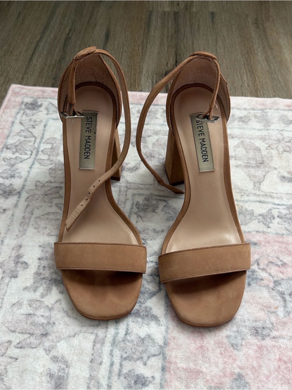 Steve Madden Taupe Ankle-Strap Block Heel Sandals
